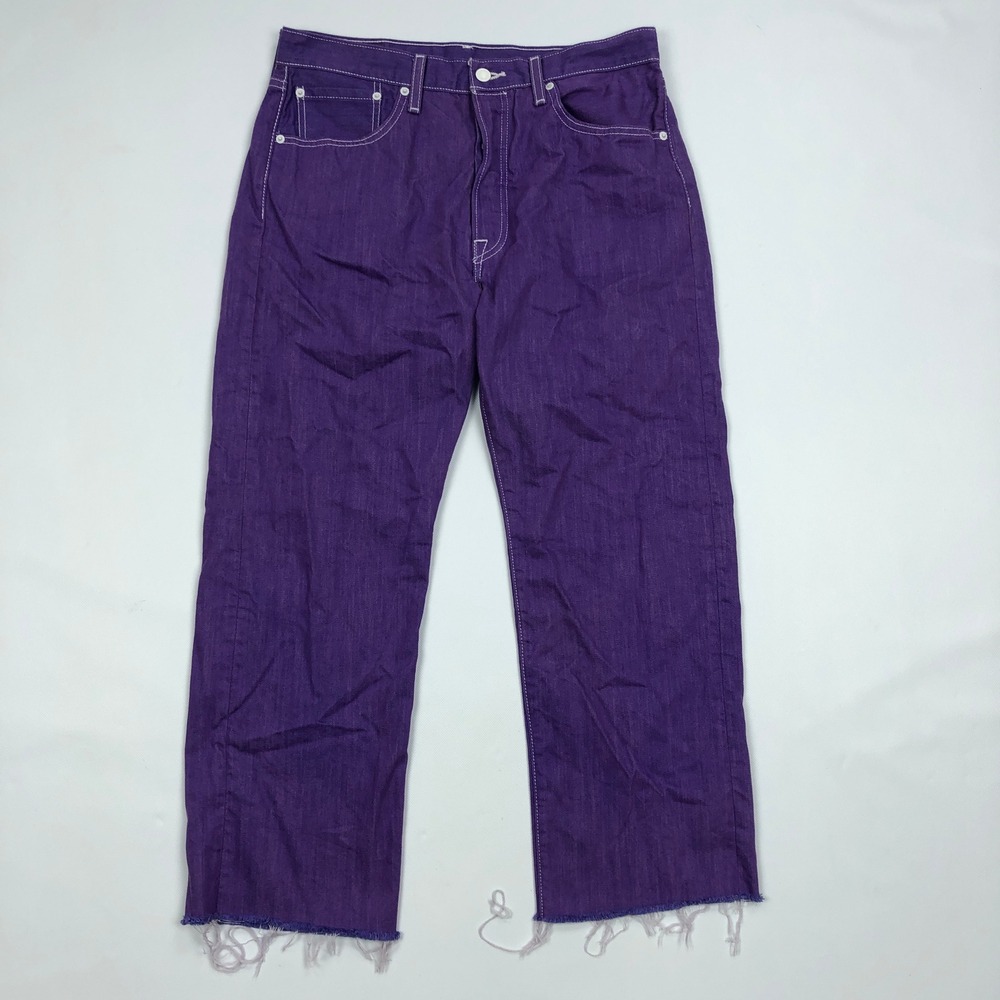 Levis 501 Original Fit Jeans Mens 34x27 Purple Cut Off Raw Hem Button Fly